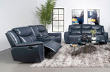 Sloane upholstered blue reclining sofa with console, front view
