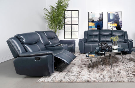 Sloane upholstered blue reclining sofa with console, front view