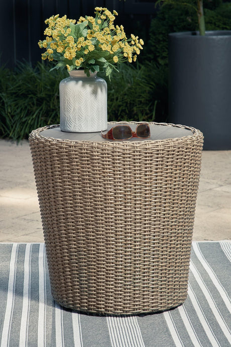 Danson Beige Outdoor End Table front view showing round aluminum top