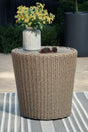 Danson Beige Outdoor End Table front view showing round aluminum top