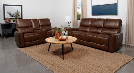 Greenfield 2-Piece Upholstered Power Reclining Sofa Set in saddle brown, front view