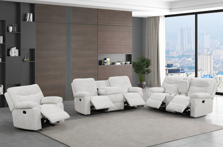 Bravo Beige 3-Piece Reclining Set front view with sofa, loveseat, and recliner