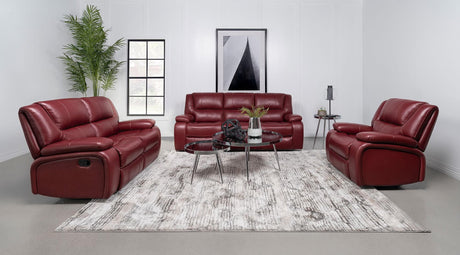 Camila reclining sofa set in red faux leather, front view