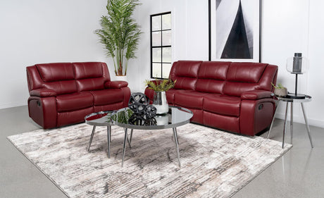 Front view of Camila 2-piece red faux leather reclining sofa set