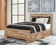 Hyanna tan brown queen panel bed, front view showcasing storage drawers