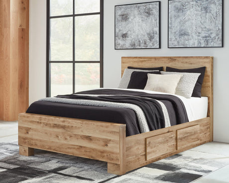 Hyanna tan brown queen panel bed, front view showcasing storage drawers