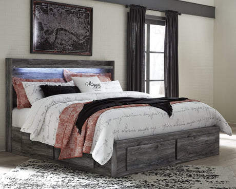 Baystorm Gray King Panel Storage Bed with storage drawers closed - side view