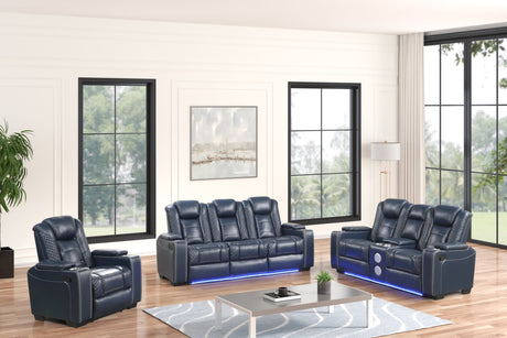 Front view of Stefano40 3-piece reclining set in blue leather gel