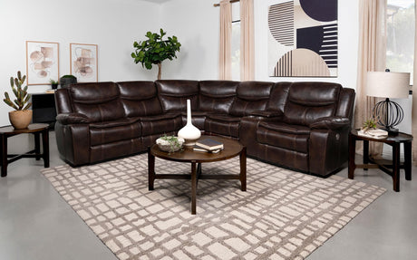 Sycamore sectional sofa front view with power recliner in dark brown leatherette