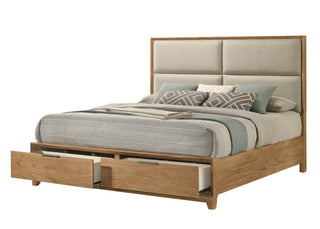 Florian upholstered light brown queen storage platform bed front view