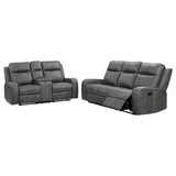 Raelynn grey upholstered motion reclining sofa set front view