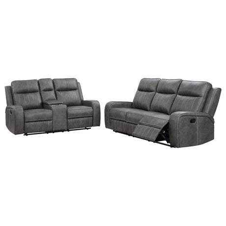 Raelynn grey upholstered motion reclining sofa set front view