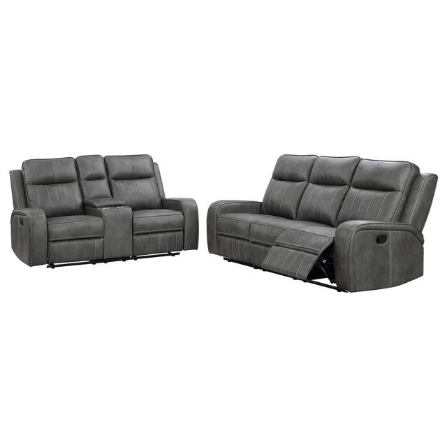 Raelynn grey upholstered motion reclining sofa set front view