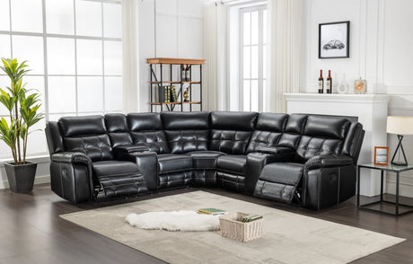 Jacob black leather reclining sectional sofa in black, angled view