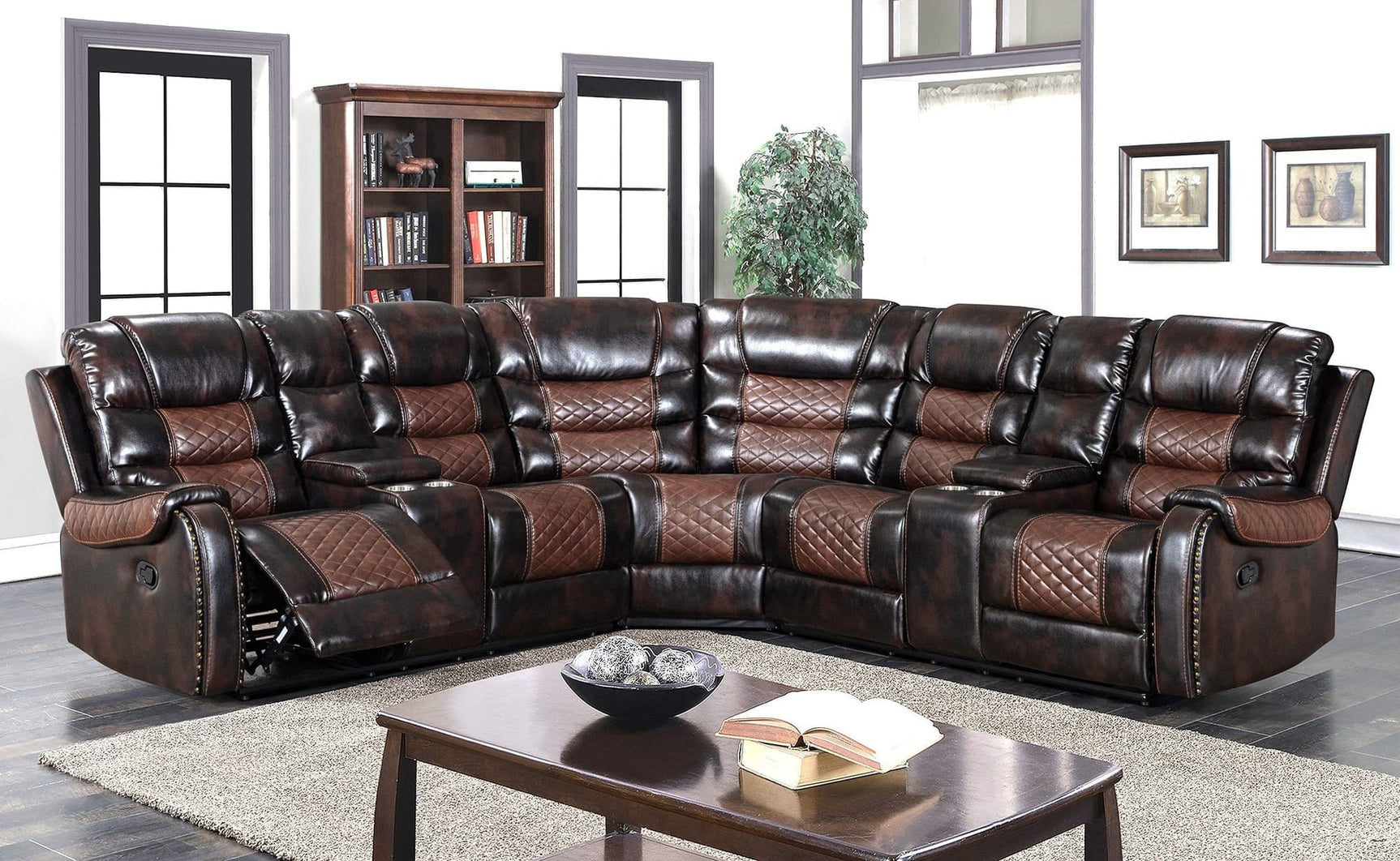 Martin21 reclining sectional sofa in orange and brown, front angle view