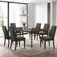 Wes Brown dining set main view with rectangular table and grey upholstered chairs