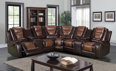 Jordan2020 Reclining Sectional sofa in brown leather gel, front angle
