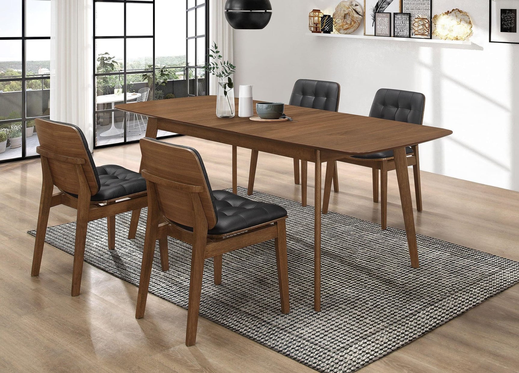 Front view of Redbridge Natural Walnut Rectangular Dining Room Set with table and chairs