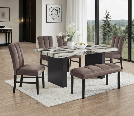 main view of Vega dining set with brown black faux marble tabletop