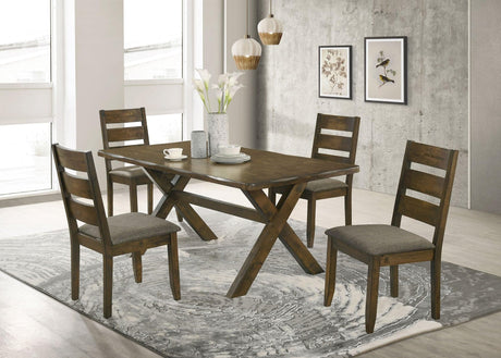 Alston rectangular dining table with four ladderback upholstered chairs in knotty nutmeg finish, main view