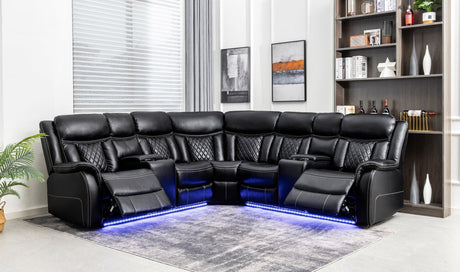 Front view of Batman Black Leather Gel Power Reclining Sectional sofa