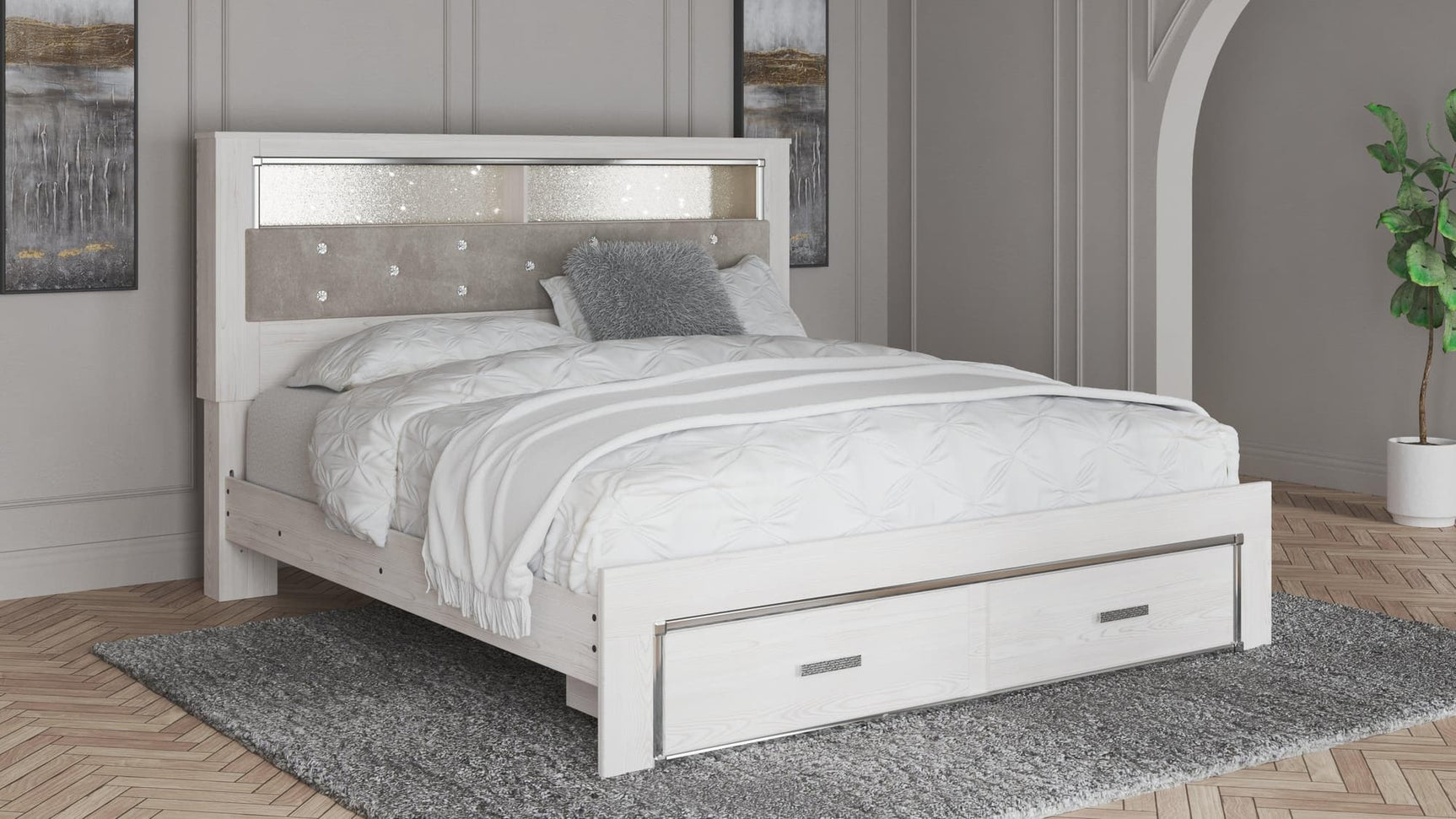 Altyra White King Upholstered Bookcase Bed with Storage - front angle