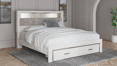 Altyra White King Upholstered Bookcase Bed with Storage - front angle