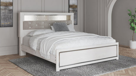 Altyra White King Panel Bookcase Bed front angle with bookcase headboard and LED lighting