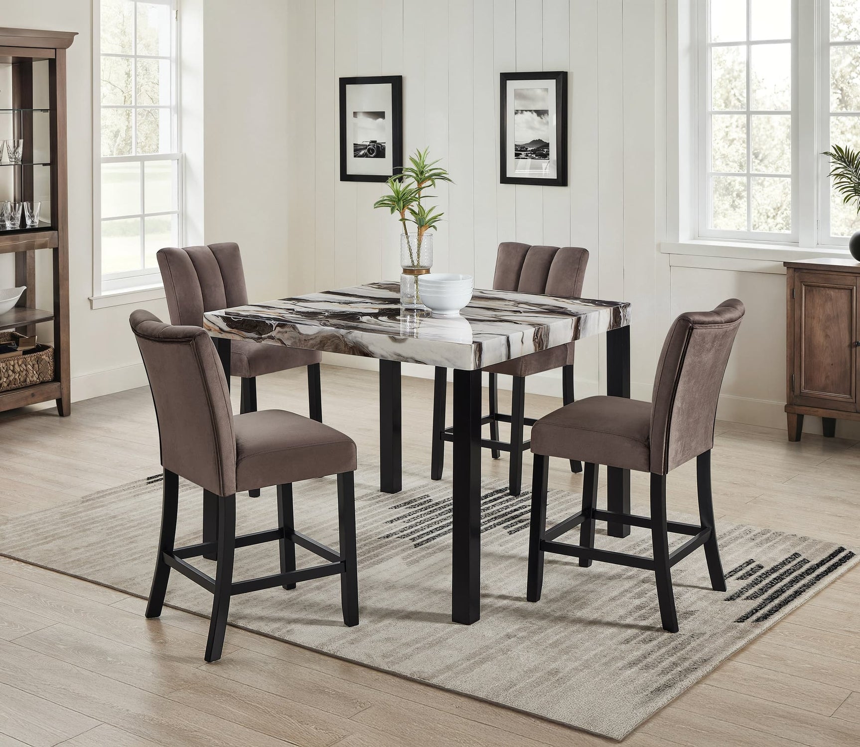 front view of Vega Brown Faux Marble Counter Height Dining Table with 4 side chairs