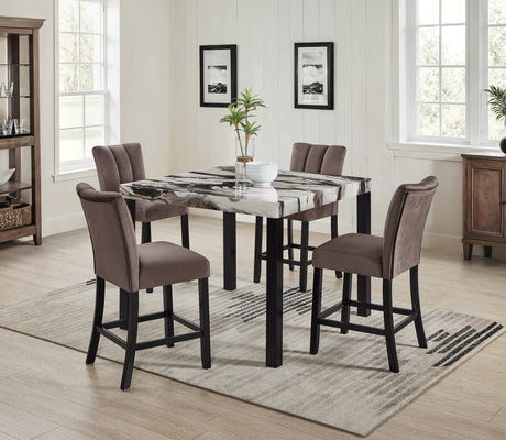 front view of Vega Brown Faux Marble Counter Height Dining Table with 4 side chairs