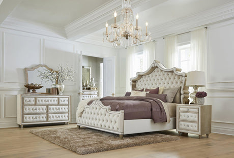 Antonella Ivory and Camel Upholstered Tufted Bedroom Set main bed view