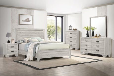 Millie Light Gray Panel Bedroom Set showing King size bed with dresser and mirror
