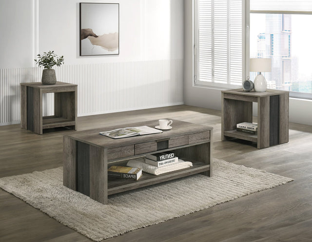 Rangley gray coffee table set with three nested tables, front view