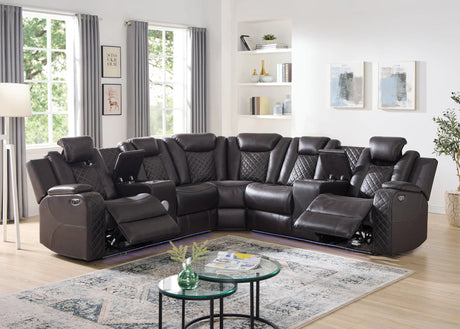 Spaceship espresso leather gel power reclining sectional sofa front view