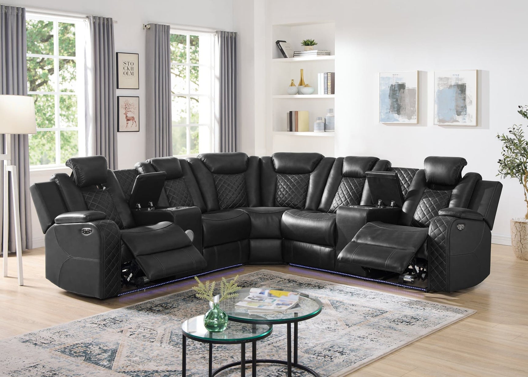Spaceship Black Power Reclining Sectional front view with LED lighting