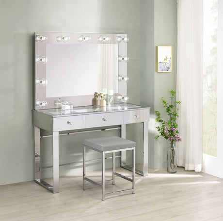 Umbridge grey upholstered square vanity stool front angle