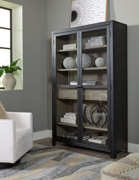 Lenston Accent Cabinet closed front view with black and gray finish