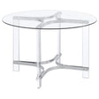 Adino 47-inch round glass top acrylic dining table with chrome base front view