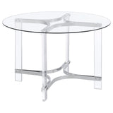 Adino 47-inch round glass top acrylic dining table with chrome base front view