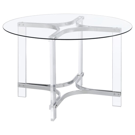 Adino 47-inch round glass top acrylic dining table with chrome base front view