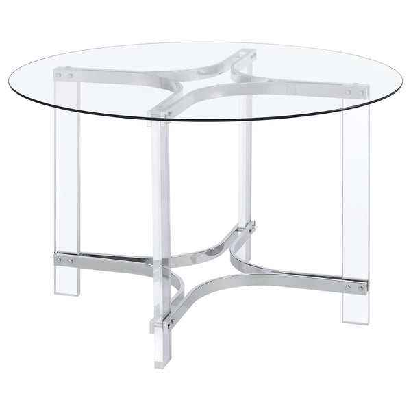 Adino 47-inch round glass top acrylic dining table with chrome base front view