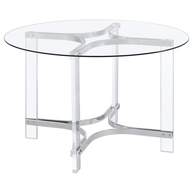 Adino 47-inch round glass top acrylic dining table with chrome base front view