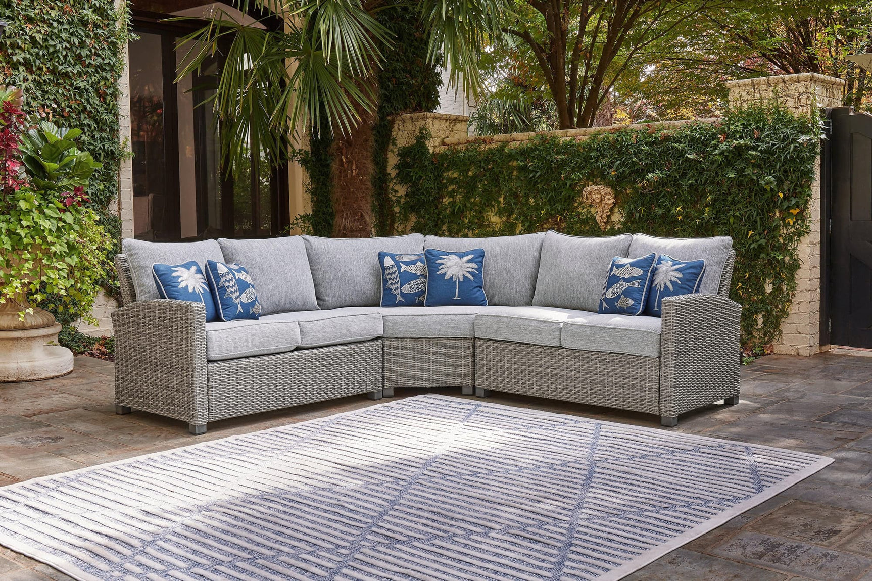 Naples Beach Light Gray 3-Piece Outdoor Sectional front view showing resin wicker and cushions