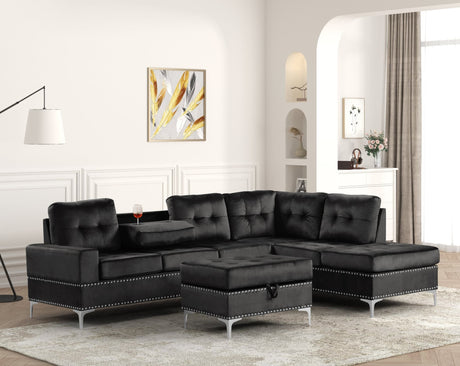 Anserra black velvet sectional sofa side view showing reversible chaise and storage ottoman