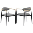 Alexis grey fabric upholstered dining arm chair with gold armrests, front angle