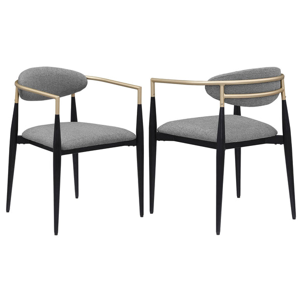 Alexis grey fabric upholstered dining arm chair with gold armrests, front angle