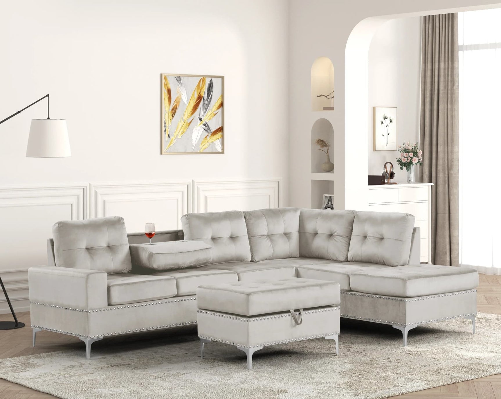 Anserra Gray Velvet Reversible Sectional and Storage Ottoman, main front view
