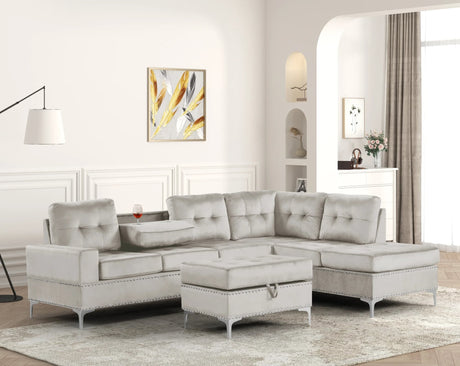 Anserra Gray Velvet Reversible Sectional and Storage Ottoman, main front view