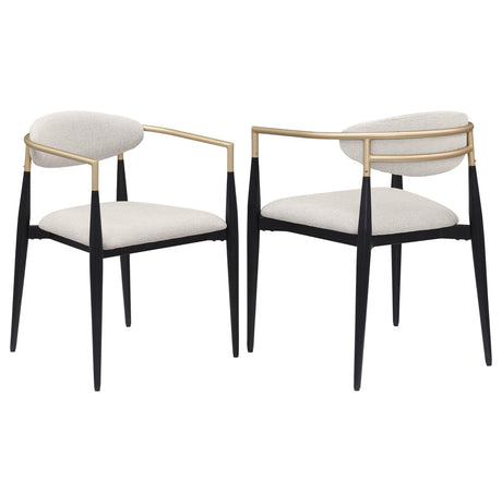 Alexis beige fabric upholstered dining arm chair front angle