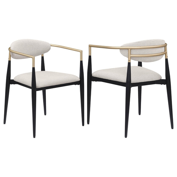 Alexis beige fabric upholstered dining arm chair front angle